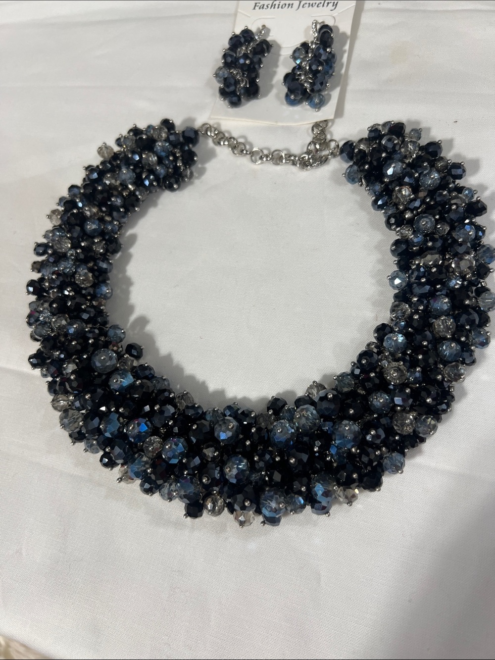 Fashion Jewelry Navy and Light Blue Crystal Cluster Necklace & Earring Set